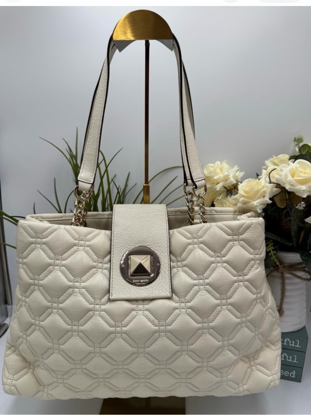 kate spade Cream Quilted Leather Shoulder Tote with Chain Straps